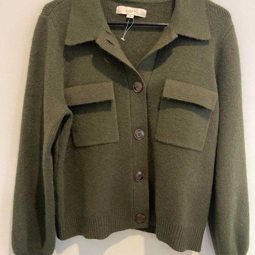 LOFT Olive Green Collared Cardigan Sweater Jacket M